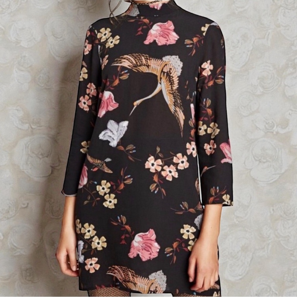 Zara The Oriental Tunic Dress Black Floral XS